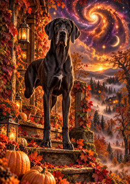 Majestic Black Great Dane Standing with handycap in an Enchanted Autumn Forest at Sunset