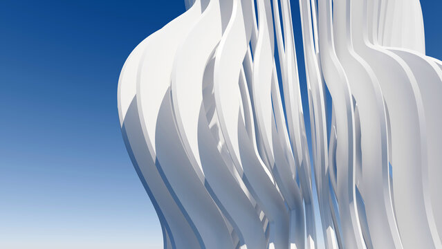 Futuristic 3D white abstract architectural sculpture against clear blue sky. Ideal for modern technology backgrounds, corporate branding, architectural presentations, and website headers