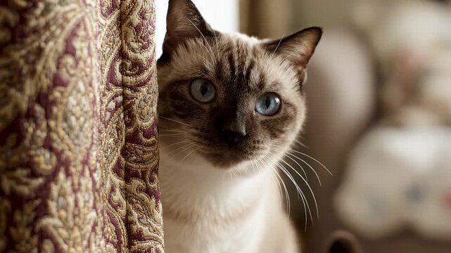 Curious Siamese Cat Peeking from Behind Curtain - A close-up of a beautiful Siamese cat with striking blue eyes peeking curiously from behind a richly patterned curtain.