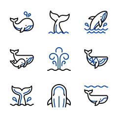 Fototapeta premium Blue Whale Icon Set, Minimalist Line Art, Marine Life Illustration, Nautical Design Elements