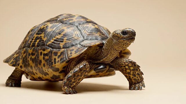 Tortoise Walking in Studio - A detailed shot of a tortoise with a patterned shell and textured skin walking across a plain, light-colored background.