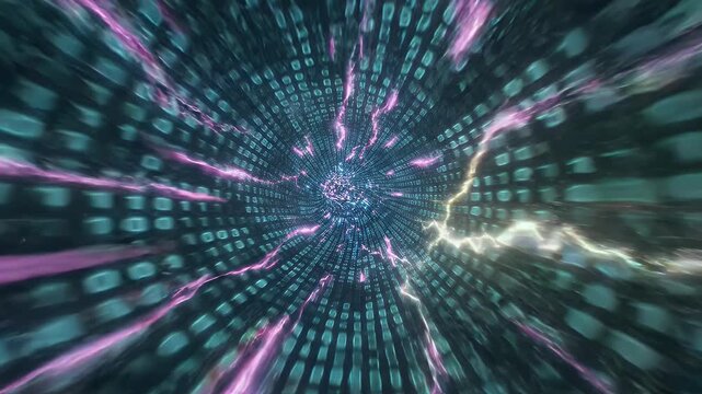 Digital Data Tunnel with Energy Streaks - A dramatic abstract visualization of a digital tunnel composed of binary code and glowing energy streaks.