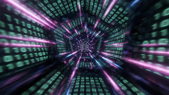 Futuristic Binary Code Data Tunnel - This abstract visual depicts a dynamic, tunnel-like structure composed of glowing green binary code.