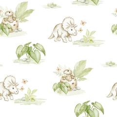 Cute Watercolor Dinosaur Botanical Seamless Pattern © liliia_sinhina