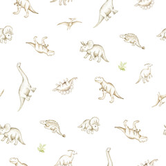 Watercolor Prehistoric Dinosaur Seamless Pattern Design © liliia_sinhina