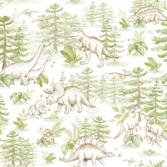 Watercolor Dinosaur Forest Seamless Pattern for Nursery © liliia_sinhina
