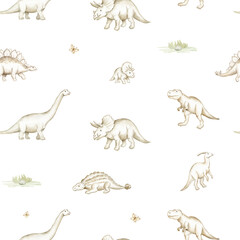 Whimsical Watercolor Dinosaur Seamless Pattern © liliia_sinhina