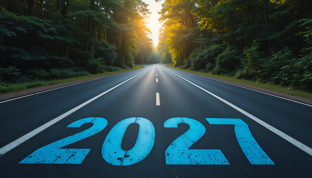 Long straight two lane road surrounded by dense green forest stretching into the distance with large blue numbers 2027 painted on asphalt near the foreground write 2027 on road new year 2027