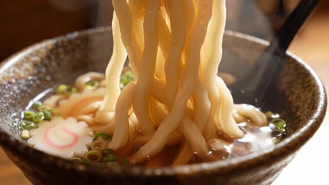 Close Up Udon Noodles Being Lifted From Bowl - A close-up shot focuses on thick udon noodles being lifted out of a steaming bowl of broth with chopsticks.