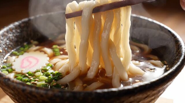 Steaming Bowl of Udon Noodles - A close-up shot captures thick, steaming udon noodles being lifted from a dark ceramic bowl with chopsticks.