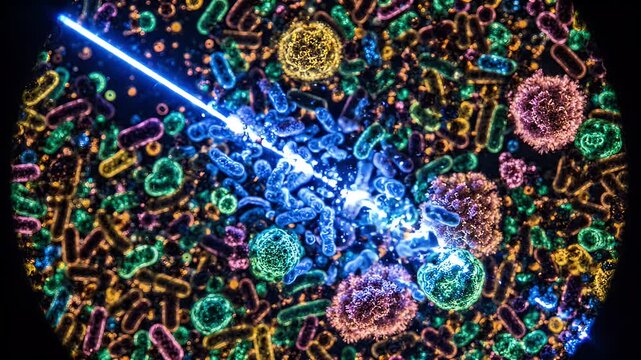 Microscopic World Explored by Light Beam - This video reveals a vibrant, colorful microscopic world teeming with various bacteria and microorganisms, illuminated by a bright blue light beam cutting
