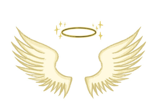 Elegant golden angel wings with a halo and sparkling accents, suitable for heavenly, spiritual, wedding, Christmas, memorial, faith, and decorative design projects.