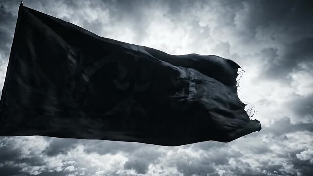 Tattered Black Flag Waving Against Stormy Sky - A dark, tattered black flag flutters dramatically against a backdrop of moody, overcast skies.