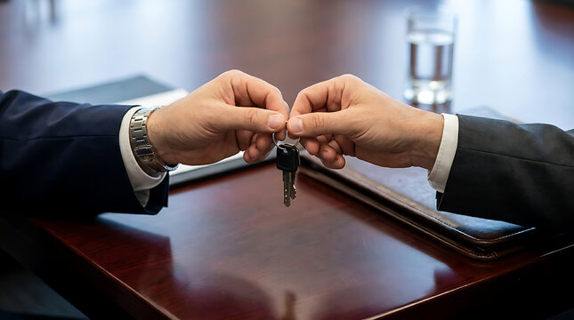 Two businessmen holding car keys between them, symbolizing a business agreement.