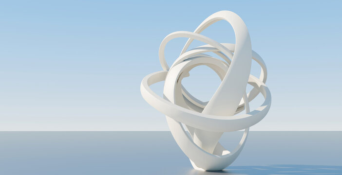 Abstract white geometric sculpture with interlocking circular rings on a clear horizon background