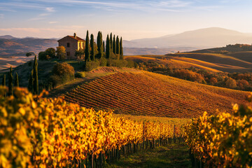Obraz premium Rolling hills of Tuscany in autumn, vineyards with golden vines, rustic farmhouse, warm evening light