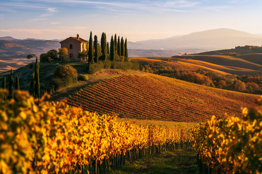 Rolling hills of Tuscany in autumn, vineyards with golden vines, rustic farmhouse, warm evening light