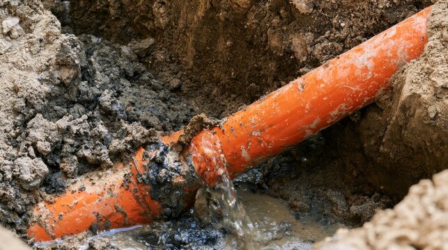 Damaged orange underground pipe leaking water and mud inside an excavated trench, illustrating plumbing accidents, infrastructure damage, drainage problems, repair work, maintenance and construction