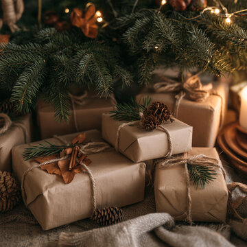 Zero waste christmas gifts under tree, kraft paper wrapping, natural decorations, sustainable holiday concept