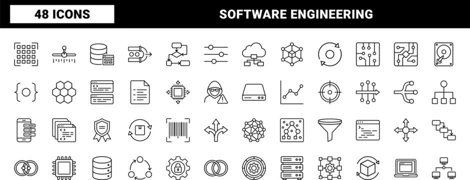 Software Engineering line icon set. Vector pictograms of algorithm, programming, database, and cloud elements, thin linear illustration.