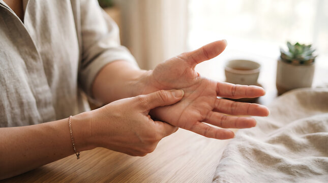 woman pressing acupressure pressure point on palm hand massage self care alternative medicine reflexology anxiety headache stress relief technique close up