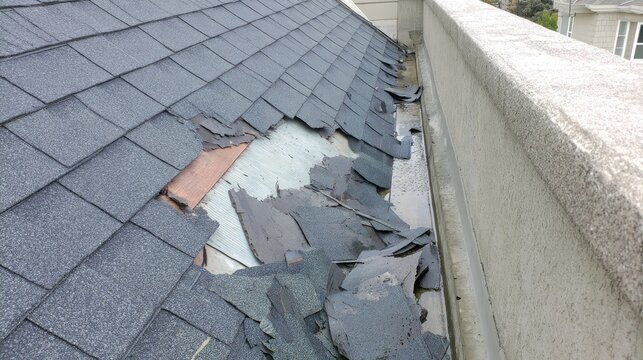 Steep pitch roof covered with dark gray asphalt shingles showing storm and wear damage, with peeled sections exposing metal underlayment and debris scattered in a concrete drainage gutter
