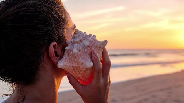 Woman listening to seashell on beach at sunset. Panning shot with close-up view.