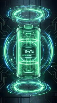 Futuristic Battery Charging Display with Neon Green HUD