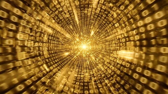 Golden Binary Code Tunnel - A digital tunnel formed by golden binary code with a bright light at the center, creating a sense of movement and speed.