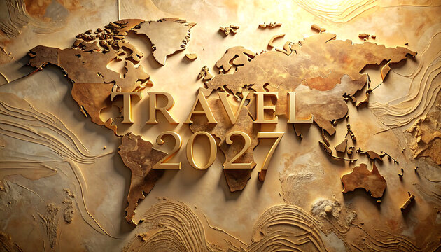 3D Textured Sandstone World Map Relief with Travel 2027 Typography and Warm Lighting
