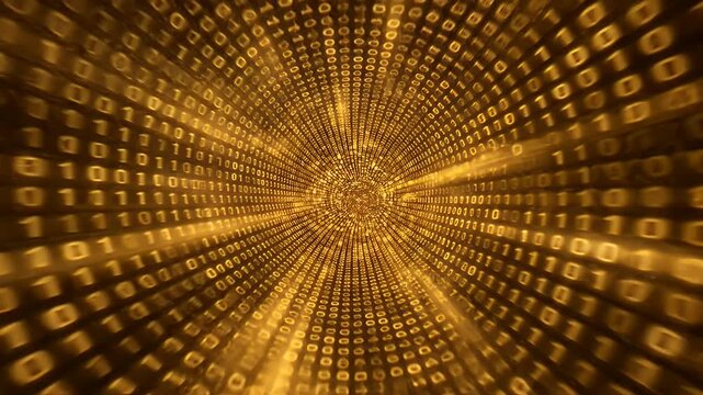 Golden Binary Code Tunnel Wormhole - This abstract digital art depicts a radiant tunnel composed of golden binary code, converging towards a bright light source at the center.