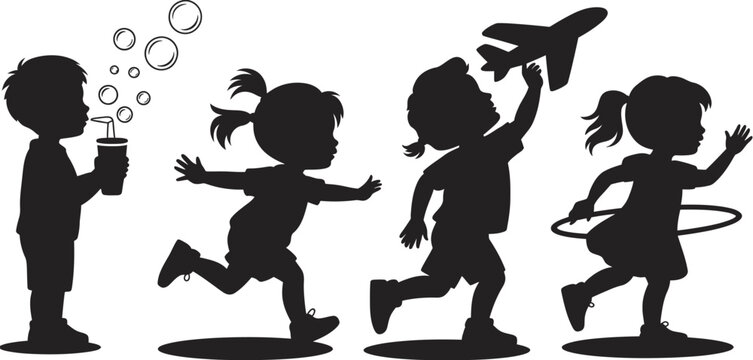 Black silhouettes of cute happy children playing outdoors, blowing bubbles, running, holding toy airplane and hula hoop on a white background
