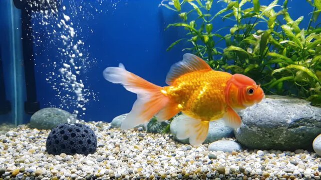 Goldfish Swimming in Aquarium with Bubbles - A vibrant orange goldfish swims gracefully in a clear aquarium with a blue background.