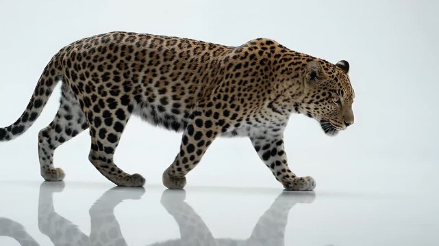 Leopard Walking on White Seamless Background - A majestic leopard walks gracefully across a clean white seamless background, its spotted coat clearly visible.