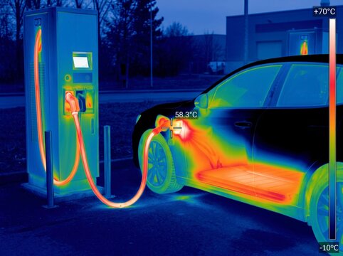 Infrared thermal imaging of an electric vehicle connected to a fast charger, revealing heat distribution across the charging cable, connector port, and battery pack during rapid power transfer.