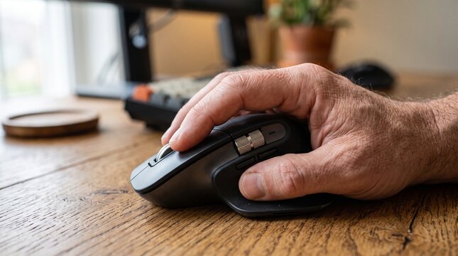 Close up view of hand using dark grey ergonomic wireless computer mouse on wooden desk
