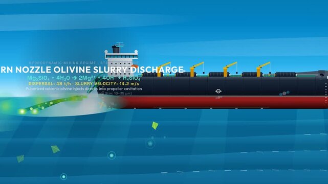 Animated diagram illustrating ocean alkalinity enhancement using a bulk carrier ship discharging olivine slurry for carbon dioxide removal and planetary carbon sink stabilization