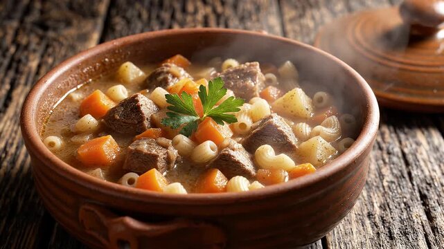 Hearty Beef Stew with Macaroni and Carrots - A close-up shot of a steaming bowl of beef stew, featuring tender chunks of meat, diced carrots, and macaroni pasta, garnished with fresh parsley.