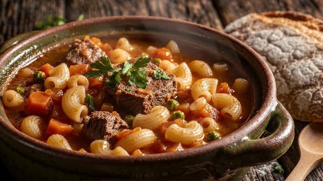 Hearty Beef and Macaroni Soup with Rustic Bread - A close-up shot showcases a steaming bowl of beef and macaroni soup, filled with tender chunks of beef, elbow pasta, peas, and carrots.