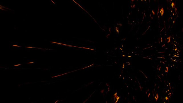 Bright fiery orange streak shooting forward with fiery sparks trailing across a dark space in a 3D motion render