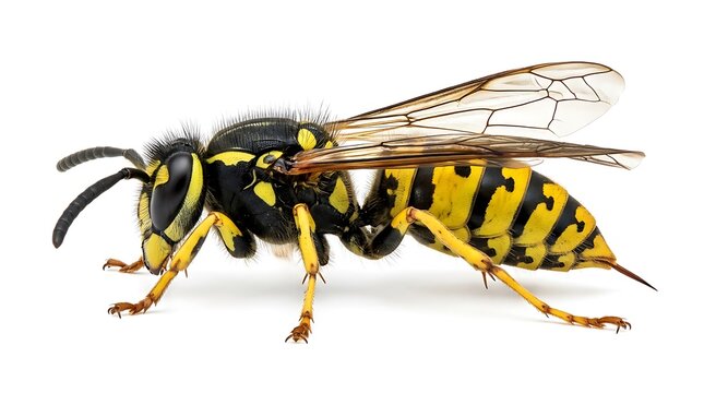 Macro side view of a common yellow jacket wasp isolated on white background.