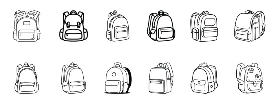 A clean black-and-white line art illustration set of twelve school backpacks in various styles and designs.