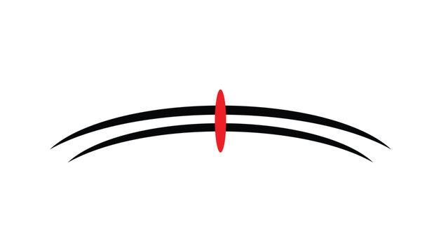 Dynamic black curved lines forming an arch with a striking central red oval, an abstract vector graphic for modern design and branding.