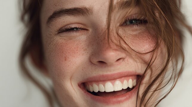 Close up happy young woman with freckles smiling naturally
