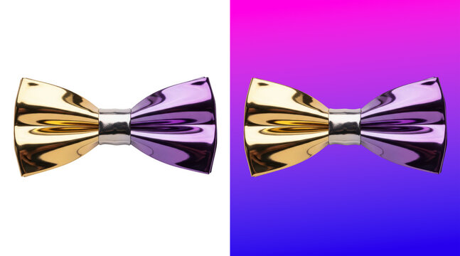 Glossy gold and purple gradient bow tie 3D rendering