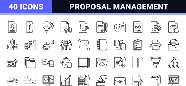 Business Proposal Management line icon set. Vector pictograms of quotation, contract, workflow, and approval elements, thin linear illustration.