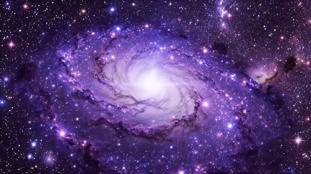 Swirling Purple Galaxy Nebula - A vibrant spiral galaxy with luminous purple and pink hues dominates the frame, surrounded by a vast expanse of countless twinkling stars.