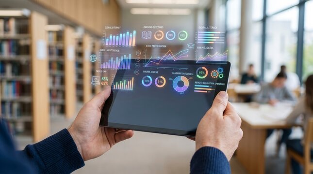 Person holding a digital tablet with futuristic holographic charts showing educational data analytics, literacy rates, and learning outcomes in a modern university library.