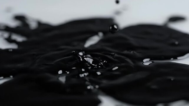 Close-up of Black Liquid Droplets Splashing and Spreading - A dark, viscous liquid, possibly ink or oil, is captured mid-splash as droplets fall and spread across a white surface.
