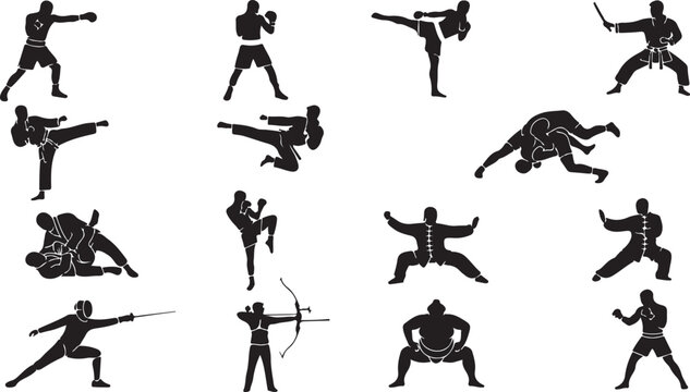Set of black silhouettes showing various martial arts and combat sports poses, including boxing, karate, judo, fencing, and archery